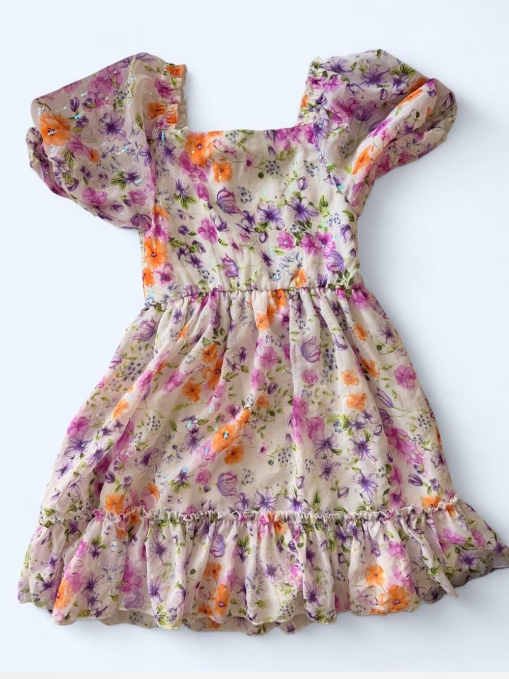 Rare Editions Cream Floral Puff-Sleeve Dress with Purple & Orange Flowers